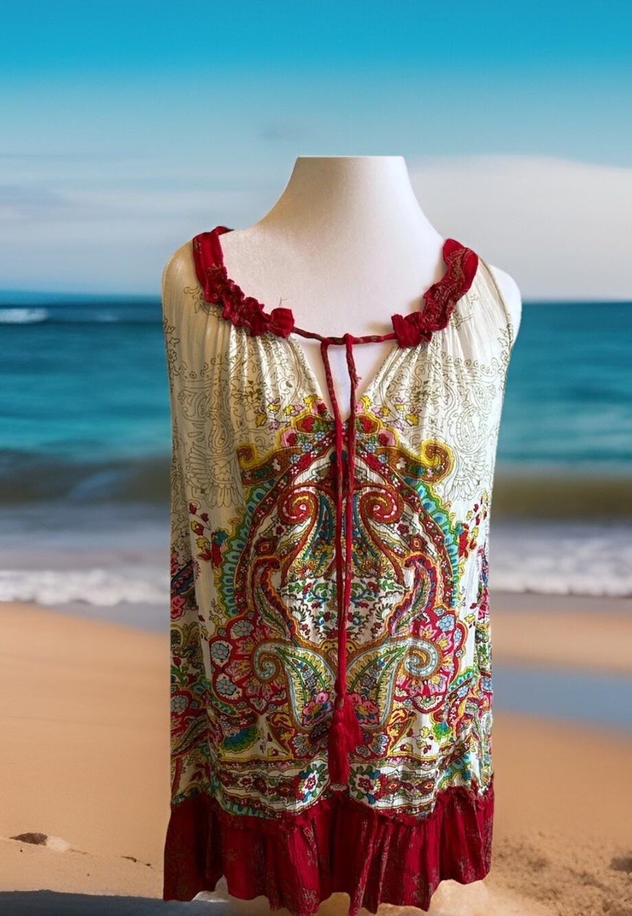 Y2K Womens Boho Top Red Cream Floral Tassel Tie Neck Ruffle Hem Sleeveless Med